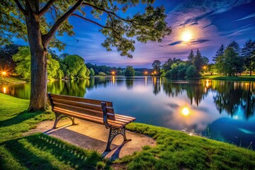 Obraz premium Night Park Bench Lake Photography AI Art, Scenic Evening, Peaceful Lakeside