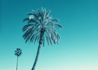 A tall palm tree stands against a clear, vibrant blue sky, banner and wall art poster and photo nature
