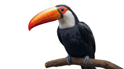 Obraz premium Colorful toucan perched on a branch, showcasing its vibrant beak against a white isolated background.
