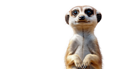 Curious meerkat standing upright on a white isolated background, showcasing its playful and alert nature.