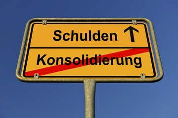 Obraz premium City limit sign, symbolic image for the way from a Konsolidierung to Schulden, German for going from a consolidation to having debts