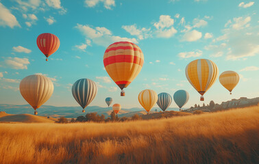 Fototapeta premium Colorful balloons flying in the sky on a sunny day. Vintage color tone. Retro style.