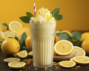 Fresh fruit shake in a glass, milkshake, smoothie, dessert, dessert, citrus fruit, orange, green leaves, orange zest, cream, whipped cream, straw, wellness drink, AI generated