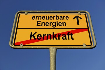 Symbolic image in the form of a town sign, in German, exit from nuclear power, entrance into renewable energy sources