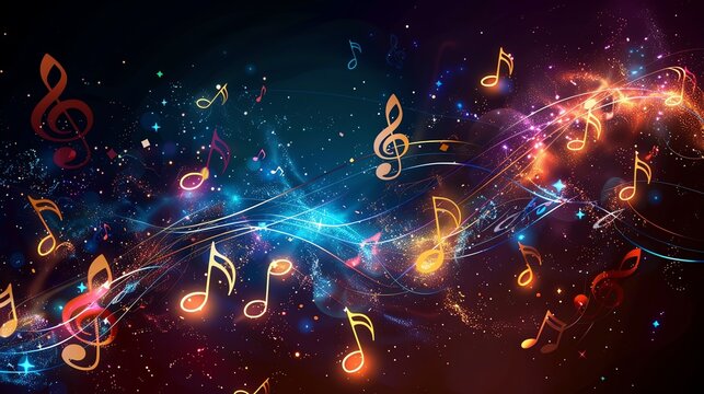 An abstract musical background with notes and stars.