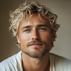 Fototapeta premium minimalistic portrait of blonde softly smiling man is 40 years old with curly hair in white T-shirt on beige background