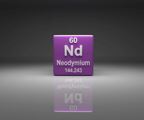 Cube with Neodymium number 60 periodic table, 3d rendering