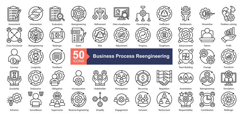 Business Process Reengineering Icon Collection Set.Containing Assessment, Intervention, Evaluation, Reengineering, Refinement, icon. Simple line style Vector Illustration.	
