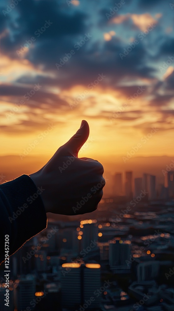 Wall mural sunset view with hand gesture signifying approval over urban landscape in city environment
