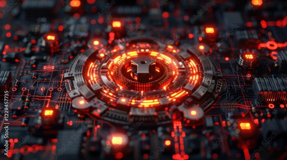 Poster close-up view of a futuristic circuit board with glowing red lights and intricate patterns