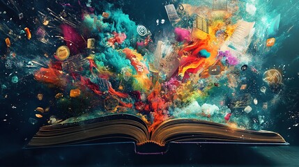 Fototapeta premium Colorful book explosion; knowledge, ideas, imagination