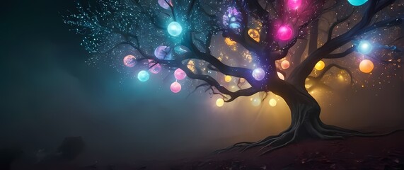 A whimsical cosmic tree decorated with orbs of vibrant light and life
