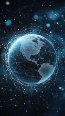 Obraz premium A digital representation of Earth with glowing network connections, symbolizing global communication and technology in a futuristic space setting.