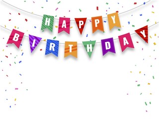 A festive birthday banner with colorful lettered flags and scattered confetti