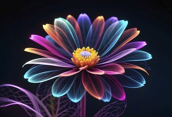 Vibrant neon flower with rainbow-colored petals glowing against a dark background, AI generated