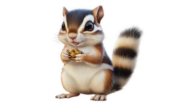 Cute cartoon squirrel holding a nut, cheerful expression, white isolated background.