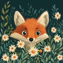 Fototapeta premium Cute Fox in a Floral Forest Illustration 