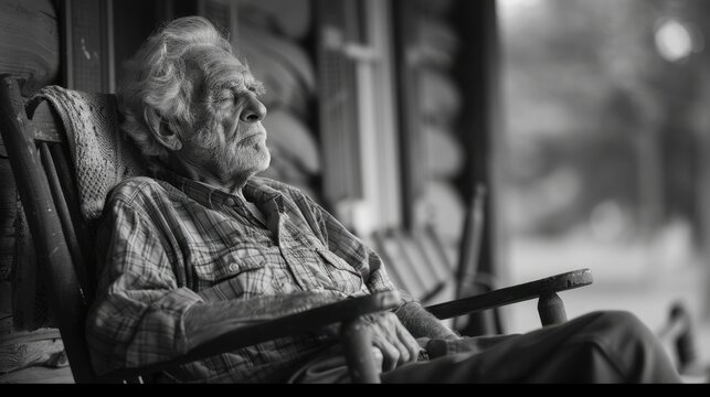 Elderly man sitting in rocking chair looking out window, portrait
