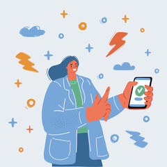 Cartoon vector illustration of woman install new application on smart phone touch screen.