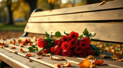 a delicate bouquet of red roses left abandoned on an old wooden park bench, image related to single awareness day