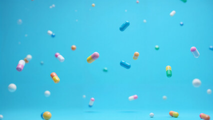 Fototapeta premium Colorful capsules cascading against a bright blue background in a dynamic display of motion and light