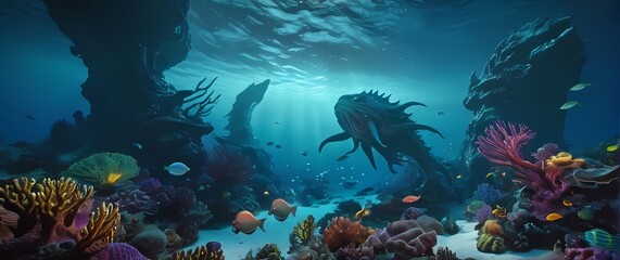 A whimsical ocean scene filled with colorful reefs and fantastical sea monsters