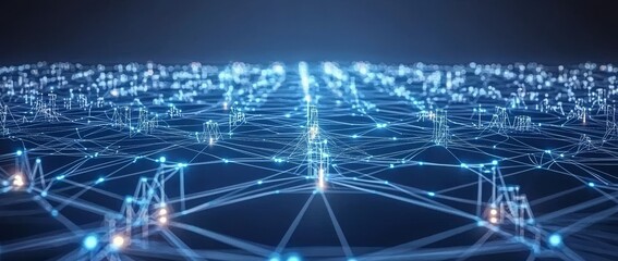 Obraz premium Abstract futuristic technology featuring polygonal shapes on a dark blue background. A design concept for digital technology. Presented as a 3D illustration