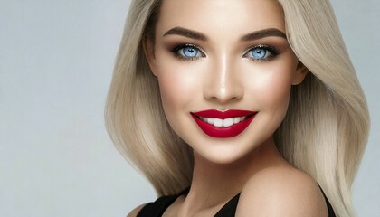 AI generated, A blonde attractive woman, portrait, 25, 30, years, blond, blonde, beautiful teeth, beautiful eyes, red lips, blue eyes
