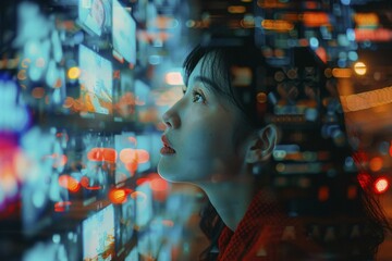 Obraz premium A woman gazes with fascination at a myriad of neon technological reflections, AI generated