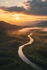 Serene Sunrise Over Winding River Valley Landscape