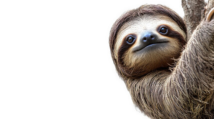 Fototapeta premium Cute sloth hanging on a branch, showcasing its adorable face with a gentle smile, isolated on white background.