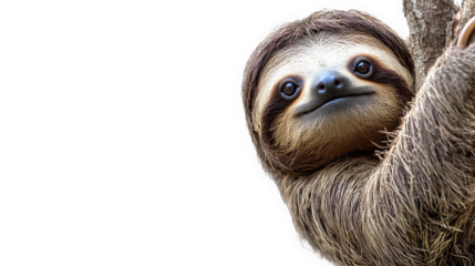 Cute sloth hanging on a branch, showcasing its adorable face with a gentle smile, isolated on white background.