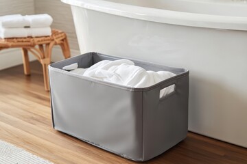 Neatly organized towels in a stylish storage bin beside a modern bathtub in a serene bathroom setting