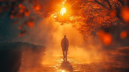 Fototapeta premium Solitary Figure Walking Through Misty Autumnal Path at Sunrise