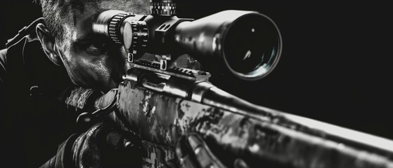 Close-up black-and-white image of a sniper aiming a rifle with an intense look in a dark setting, AI generated