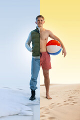 Man dressed in winter clothes on one half and summer outfit on other, holding beach ball, showing...