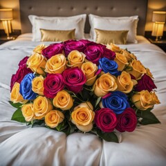 A vibrant bouquet of red, yellow, orange, and a single blue rose on a white bedspread in a cozy hotel room, AI generated