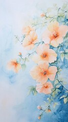 Beautiful watercolor artwork featuring orange flowers and green leaves on a soft blue background, perfect for decor and design.