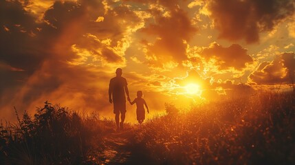 Fototapeta premium Father and Child Silhouetted Against a Vibrant Sunset Landscape