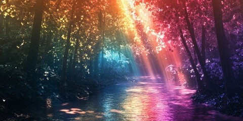 Enchanted Forest Pathway with a Rainbow River