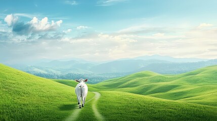 Obraz premium Cow Walking on a Serene Green Hill Landscape