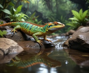 Obraz premium Colorful lizard drinking from a small rainforest stream , clear water, aquatic plant life, colorful lizard