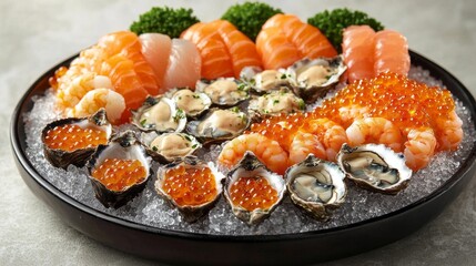 A stunning seafood platter features glistening oysters, vibrant shrimp, and rich salmon atop a bed of ice. Perfectly arranged, this dish invites indulgence and celebration in every bite