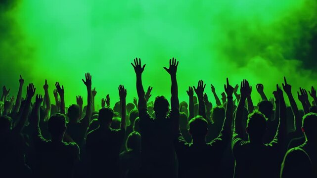 Green chroma key screen background highlights crowd of silhouettes with hands raised in celebration. Energy of excitement moment of concert or dj party event. Enthusiastic attendees celebrate together