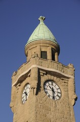 Clock tower at the Landungsbruecken, St. Pauli landing bridges, Port of Hamburg, Hamburg, Germany,...