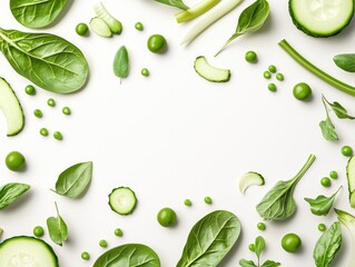 Green and Fresh Food Frame: A vibrant and inviting frame crafted with green vegetables and herbs, including cucumber, spinach, peas, and fresh herbs. It evokes a sense of freshness, vitality.