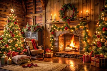 Cozy Christmas cottage with a warm fireplace and festive decorations, warm fireplace, snow covered roof