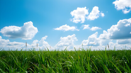 Obraz premium Green grass and blue sky with white clouds