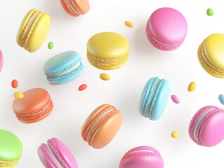 Obraz premium A Symphony of Sweetness: A playful display of colorful macarons in mid-air, creating a vibrant and cheerful composition, perfect for food blogs, social media, or packaging.