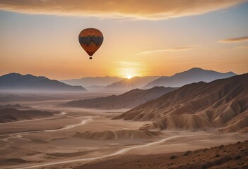 Fototapeta premium A hot air balloon glides over a desert landscape during a picturesque sunset, AI generated